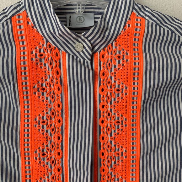 Bogner tunic top Women’s 6 Blue White Stripe Orange Crochet Detail Hidden Button - Picture 5 of 12